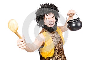 Funny caveman with pot isolated