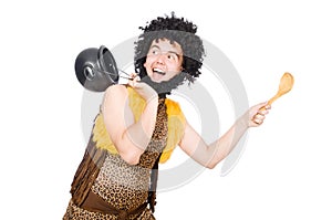 Funny caveman with pot isolated