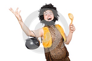 Funny caveman with pot isolated