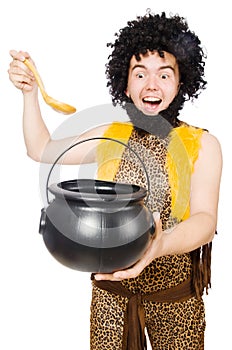 Funny caveman with pot isolated