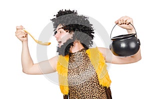 Funny caveman with pot isolated