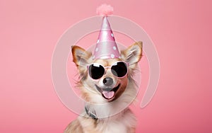 Funny Celebration, Cute dog in Party Hat and Sunglasses over pink background