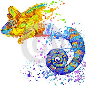 Funny chameleon with watercolor splash textured