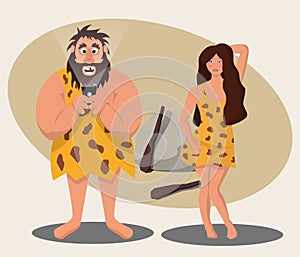 The funny character of the caveman stared at the mobile phone, not paying attention to the beautiful cave girl attracting his atte