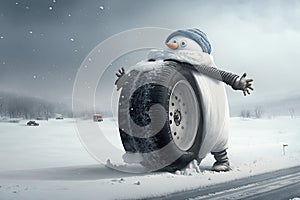 funny character, changing tires for winter drive through snowy landscape