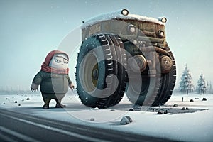 funny character, changing tires for winter drive through snowy landscape