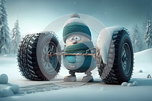 funny character, changing tires for winter drive through snowy landscape
