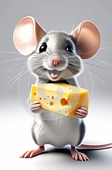 funny character, cute smiling mouse with big ears holding piece of cheese on bright background
