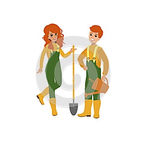 Attractive gardener. Funny character design. Cartoon illustration. Garden care concept creator. Female groundskeeper personage. photo