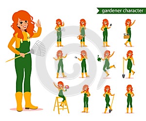 Attractive gardener. Funny character design. Cartoon illustration. Garden care concept creator. Female groundskeeper personage. photo