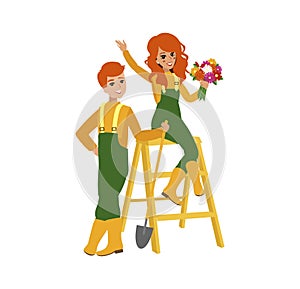 Attractive gardener. Funny character design. Cartoon illustration. Garden care concept creator. Female groundskeeper personage. photo