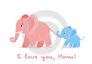 Funny character elephant son holds the tail of his mom. concept of love for parents and mother`s day. flat vector illustration