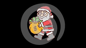 Funny character Santa Claus walking and holding big bag money. Frame by frame animation. Alpha channel