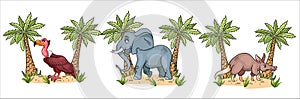 Funny characters animals vulture, elephant, aardvark with palms in cartoon style.