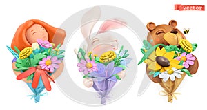 Funny characters with bouquet of flowers. Girl, easter bunny, bear. Plasticine art objects. vector icon set