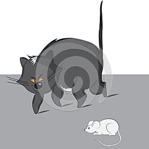 Funny characters cat and mouse, vector illustration. Cute wild a