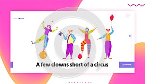 Funny Characters in Costumes for Circus Show or Entertainment. Clowns, Animators in Clown Suit, Curly Ginger Wig