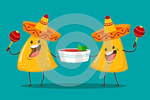 Legrační znaků rajče omáčka. mexičan jídlo. čipy v sombrera a klobouky. vektor ilustrace 