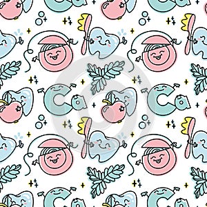 Funny characters, teeth, toothbrush, toothpaste and dental tools. Seamless pattern