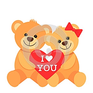 Funny characters are two teddy bears hugging and holding in their paws a big heart with the inscription I love you. The concept of