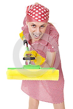 Funny charwoman with mop on white