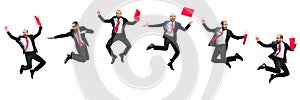 Funny cheerful businessman jumping in air over white background