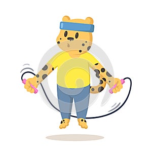 Funny cheetah jumping over skipping rope, cartoon character. Flat vector illustration, isolated on white background.