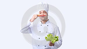 Funny Chef Man Holding Red Pepper Like Moustaches, Studio Shot