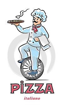 Funny chef on monocycle with pizza. Emblem design