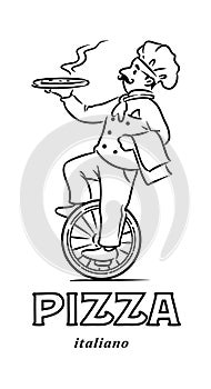 Funny chef on monocycle with pizza. Emblem design