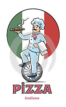 Funny chef on monocycle with pizza. Emblem design