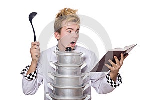 Funny chef with pans and recipe book isolated on