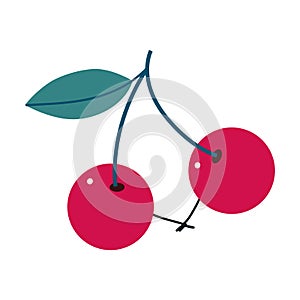 Funny Cherry Pair Fruit Hanging on Stem Holding Hands Vector Illustration