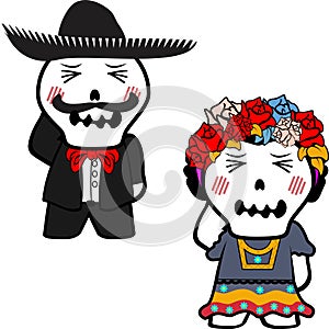 Funny chibi mexican kid skull cartoon couple set