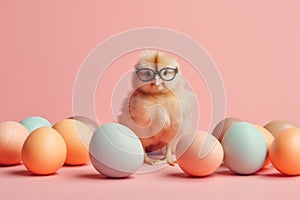 Funny chick in glasses surrounded easter colored egg in pastel colors on pink background. Easter card