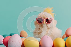 Funny chick in glasses surrounded easter colored egg in pastel toned on blue background. Easter card