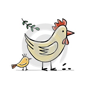 Funny Chicken character with chick isolated on white. Icon for your design