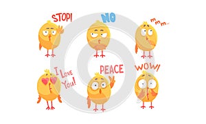 Funny Chicken Character with Phrases Vector Set. Cartoon Chick with Different Emotions