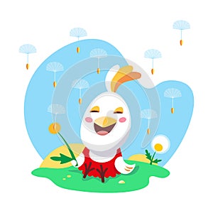 Funny chicken plays with dandelion in meadow. Nature in summer. Vector color illustration. Picture for design of posters