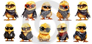 Funny chicken with sunglass on transparent background, png, generated ai