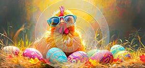 A funny chicken with sunglasses sits between colorful Easter eggs in nature. Easter concept