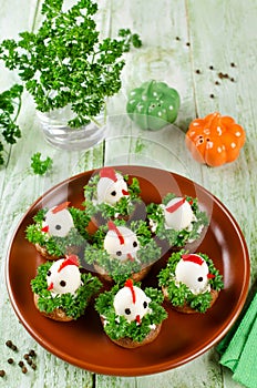 Funny chickens from eggs on the Easter table