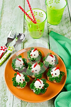 Funny chickens from eggs on the Easter table