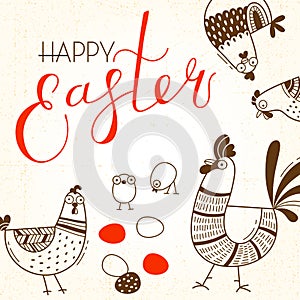 Funny chickens and rooster, eggs. Greeting card with Happy Easter writing. Vector illustration