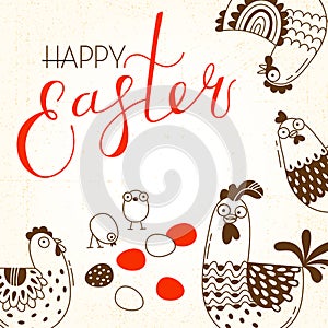 Funny chickens and rooster, eggs. Greeting card with Happy Easter writing. Vector illustration