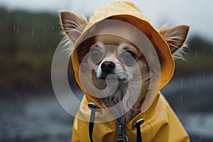 Funny chihuahua dog posing in a yellow rainy coat on a rainy day.