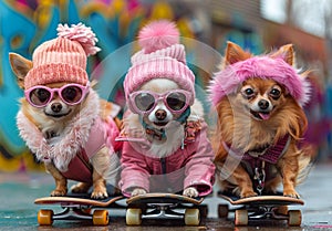 Funny chihuahua dogs posing with skateboards in park