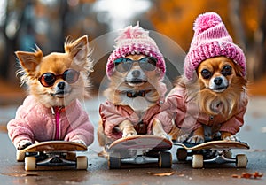 Funny chihuahua dogs wearing helmet and sunglasses riding skateboard