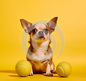 funny chihuahua with tennis balls on a yellow background