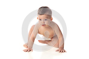 Funny child baby boy toddler naked in diaper